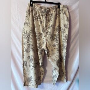 Junonia Tan and Brown Floral Straight Leg Capris with Elastic Waistband